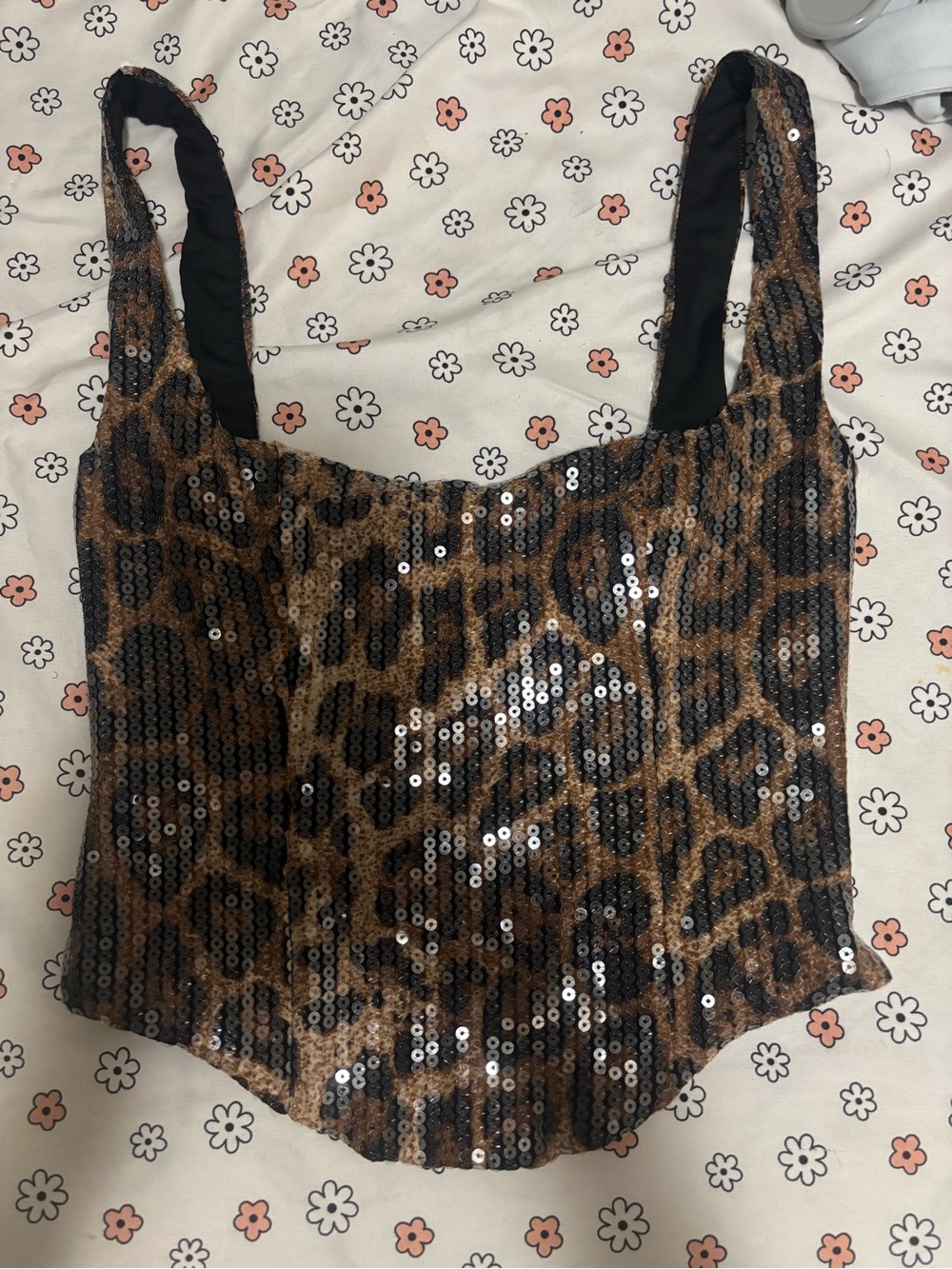 Edikted Leopard Sequin Square-Neck Crop Tank Top